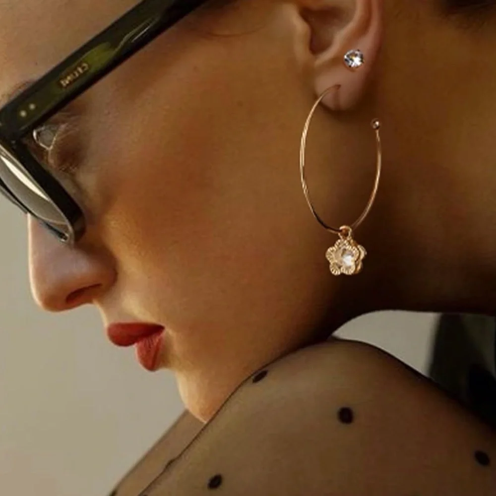 #93 Gold plated Hoop Earrings with Clover  Charm - Picture 2 of 3